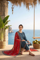 YALE BLUE & RED WITH MULTI PRINTED LAWN SUIT WITH VOILE DUPATTA 3Pc (Unstitched)
