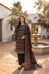 BLACK WITH MULTI PRINT Bana Dora Lawn Shirt with Plain dyed Trouser with Luxury Lawn Voile Dupatta 3Pc.(Unstitched)