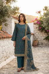 MIDNIGHT GREEN WITH ASH BROWN Bana Dora Lawn Shirt with Plain dyed Trouser with Luxury Lawn Voile Dupatta 3Pc.(Unstitched)