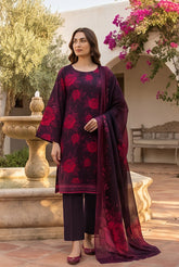 MIDNIGHT PURPLE WITH DEEP PINK Bana Dora Lawn Shirt with Plain dyed Trouser with Luxury Lawn Voile Dupatta 3Pc.(Unstitched)