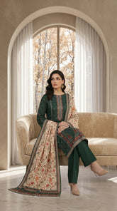 BOTTLE GREEN WITH MULTI PREMIUM DIGITAL PRINTED LAWN SUIT WITH VOILE DUPATTA 3Pc (Unstitched)