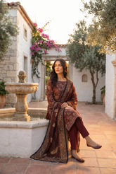 BROWN WITH BLACK Bana Dora Lawn Shirt with Plain dyed Trouser with Luxury Lawn Voile Dupatta 3Pc.(Unstitched)