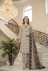BLACK CREAM & BROWN Printed Full Suit with Luxury ZARI Dupatta 3pc (Unstitched)