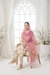 CREAM & HOT PINK WITH MULTI PRINT Printed Full Suit with Luxury ZARI Dupatta 3pc (Unstitched)