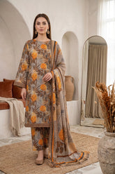 BASE ASH GRAY WITH ORANGE BROWN PRINTED LAWN SUIT WITH VOILE DUPATTA 3Pc (Unstitched)