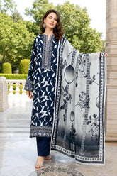 BLUE Digital Printed 3Pc suit with Luxury Voile Dupatta(Unstitched)