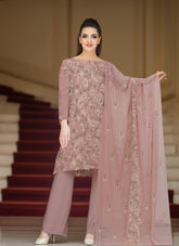 PEACHISH PINK & MEHNDI GREEN Chiffon Embroidered 3Pc Suit (Unstitched)