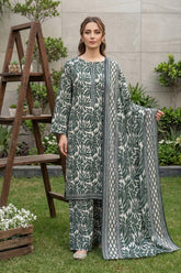 FOREST GREEN & IVORY PRINTED LAWN SUIT WITH VOILE DUPATTA 3Pc (Unstitched)