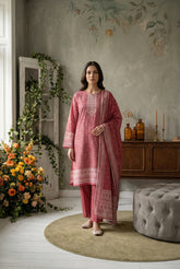 DEEP SALMON Premium Swiss Voile 3 PC Printed Suit (Unstitched)