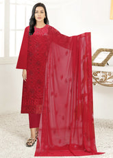 DEEP RED Chiffon Embroidered with LASER WORK 3Pc Suit (Unstitched)