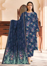 NAVY BLUE & MULTI 3pc Premium Doria linen suit with linen dupatta (Unstitched)