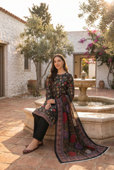 BLACK WITH MULTI PRINT Bana Dora Lawn Shirt with Plain dyed Trouser with Luxury Lawn Voile Dupatta 3Pc.(Unstitched)