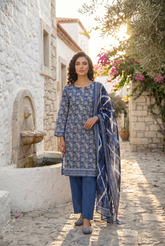 EGYPTIAN BLUE WITH IVORY Bana Dora Lawn Shirt with Plain dyed Trouser with Luxury Lawn Voile Dupatta 3Pc.(Unstitched)