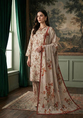 BRANDON BEIGE WITH GREEN & MAROON Printed Full Suit with FANCY ZARI Dupatta 3pc (Unstitched)