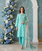 SPRING GREEN & CREAM Digital Printed 3Pc suit with Luxury Voile Dupatta(Unstitched)