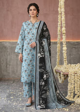 LIGHT SKY BLUE & BLACK CAMBRIC LAWN SUIT WITH VOILE DUPATTA 3Pc (Unstitched)