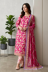 FUSIA PINK Premium Digital Lawn Suit with Digital Voile Dupatta 3pc Suit (Unstitched)