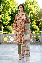 OLIVE GREEN WITH MULTI Digital Printed 3Pc suit with Luxury Voile Dupatta(Unstitched)