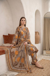 BASE ASH GRAY WITH ORANGE BROWN PRINTED LAWN SUIT WITH VOILE DUPATTA 3Pc (Unstitched)