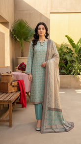 VIVID SKY BLUE, BROWN & CREAM Premium Swiss Voile 3Pc Printed Suit (Unstitched)