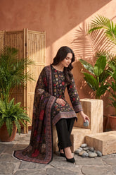 DARK GREEN WITH MULTI PRINT Bana Dora Lawn Shirt with Plain dyed Trouser with Luxury Lawn Voile Dupatta 3Pc.(Unstitched)