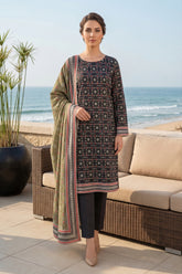 BLACK WITH MULTI PRINTED LAWN SUIT WITH VOILE DUPATTA 3Pc (Unstitched)