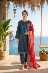 YALE BLUE & RED WITH MULTI PRINTED LAWN SUIT WITH VOILE DUPATTA 3Pc (Unstitched)