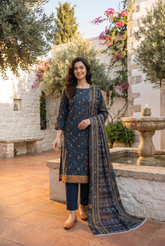 CLASSIC BLUE WITH MULTI PRINT Bana Dora Lawn Shirt with Plain dyed Trouser with Luxury Lawn Voile Dupatta 3Pc.(Unstitched)