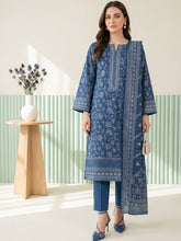 BLUEBERRY BLUE WITH WHITE BLOCK PRINTED Premium Classic Lawn 3pc Suit with Light Weight Voile Dupatta (Unstitched)