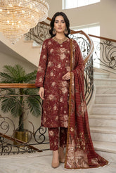 BURGUNDY RED WITH CREAM & BLACK Printed Full Suit with Luxury ZARI Dupatta 3pc (Unstitched)