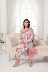 CREAM PINK & PISTACHIO Printed Full Suit with Luxury ZARI Dupatta 3pc (Unstitched)