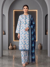 BASE LIGHT PEACH WITH NAVY BLUE & FEROZI PRINTED LAWN SUIT WITH VOILE DUPATTA 3Pc (Unstitched)
