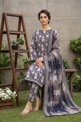 DARK PURPLE BLUE PRINTED LAWN SUIT WITH VOILE DUPATTA 3Pc (Unstitched)