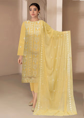 DULL MUSTARD WITH SEQUENCE AND LASER WORK Chiffon Embroidered 3Pc Suit (Unstitched)
