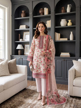 CORAL PEACH WITH MULTI Printed Premium Lawn with Voile Dupatta 3pc Suit (Unstitched)