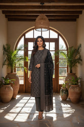 CHARCOAL GREY 3Pc Premium Dhanak Printed Suits (Unstitched)