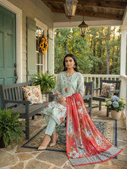 OLIVE GREEN WITH MULTI PRINT WITH MULTI PRINT Premium Classic Lawn Printed Suit with Light Weight Fancy Voile Dupatta 3pc (Unstitched)