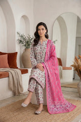 BASE SNOW CREAM WITH MULTI PRINTED LAWN SUIT WITH VOILE DUPATTA 3Pc (Unstitched)