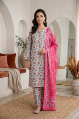 BASE SNOW CREAM WITH MULTI PRINTED LAWN SUIT WITH VOILE DUPATTA 3Pc (Unstitched)