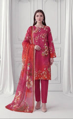 FUSIA PINK  ORANGE & RED Digital Printed 3Pc suit with Luxury Voile Dupatta(Unstitched)