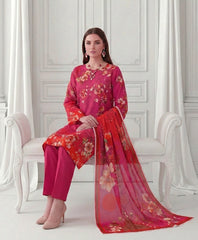 FUSIA PINK  ORANGE & RED Digital Printed 3Pc suit with Luxury Voile Dupatta(Unstitched)