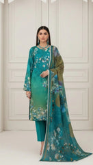 PINE GREEN WITH MULTI PRINT Digital Printed 3Pc suit with Luxury Voile Dupatta(Unstitched)