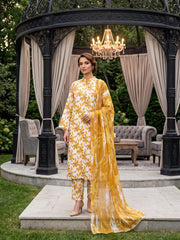 SHADES OF GOLD & MUSTARD Digital AIR JET DOBBY DORIA SUPREME QUALITY COTTON with Light weight Pure Crinkle Digital Dupatta 3pc Suit (Unstitched) (Copy)