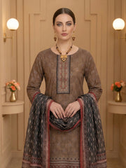 CEDAR BROWN WITH BLACK RED CREAM Premium Classic Lawn 3pc Suit with Light Weight Voile Dupatta (Unstitched)