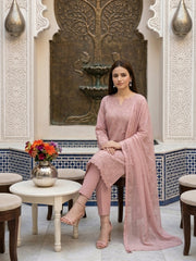 TEA PINK Chiffon Embroidered 3Pc Suit (Unstitched)