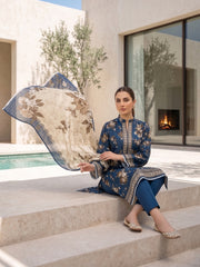 COBALT BLUE Premium Classic Lawn 3pc Suit with Light Weight Voile Dupatta (Unstitched)