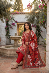 CARMINE RED WIH MULTI PRINT Bana Dora Lawn Shirt with Plain dyed Trouser with Luxury Lawn Voile Dupatta 3Pc.(Unstitched)