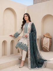 MINT CREAM & BOTTLE GREEN Premium Classic Lawn 3pc Suit with Light Weight Voile Dupatta (Unstitched)