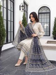 BASE LIGHT GREEN WITH BLUE Digital Printed 3Pc suit with Luxury Voile Dupatta(Unstitched)