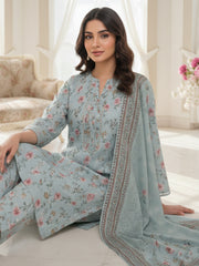 SEAFOOM BLUE WITH MULTI PRINT  Digital Printed Full Suit (3Pc) suit with Luxury Voile Dupatta(Unstitched)